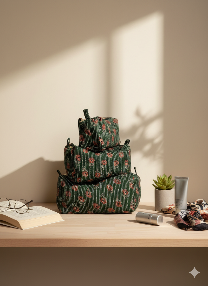 3 washer bags of 3 different sizes stacked one over the other sizewise on a wooden table. The table has a book, spectacles, a plant, a cream, and a scarf on top of it. 