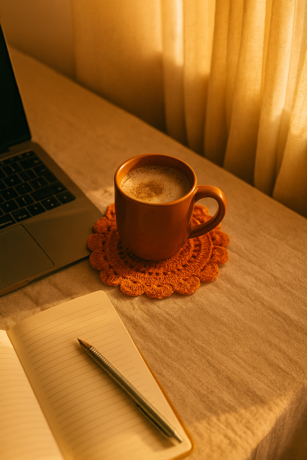 Orange mug  on an orange coaster with a warm beverage on a wooden surface next to a laptop and notebook.