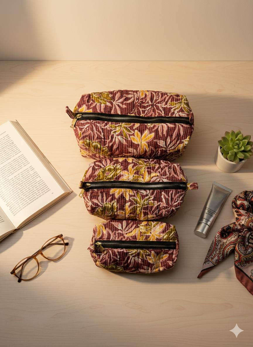 3 floral washer bags of different sizes on a beige table with a book, a reading glasses, a tibe of cream, scarf and a home plant on the table. 