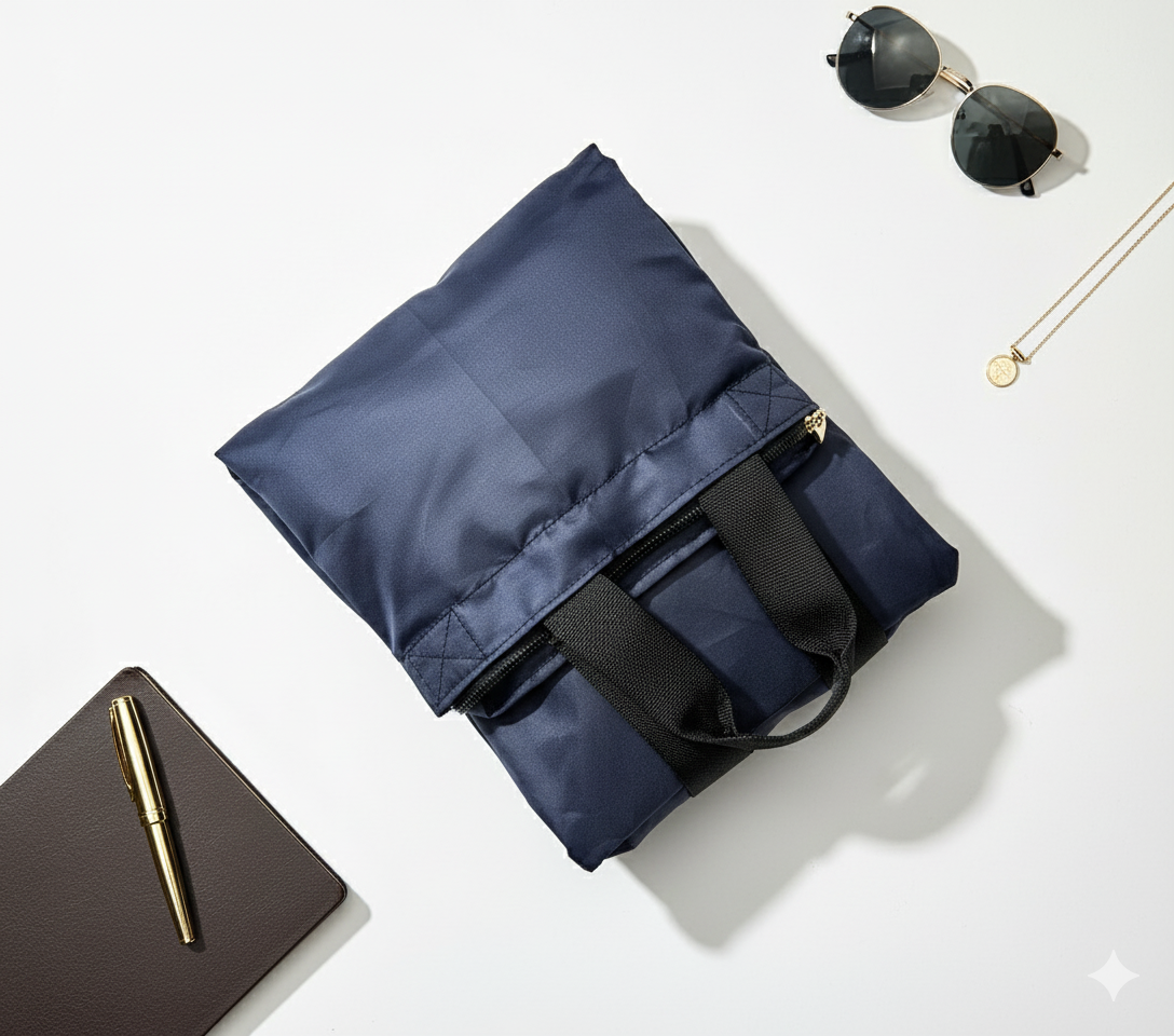 Navy blue shopper bag with black strap folded on a light gray background