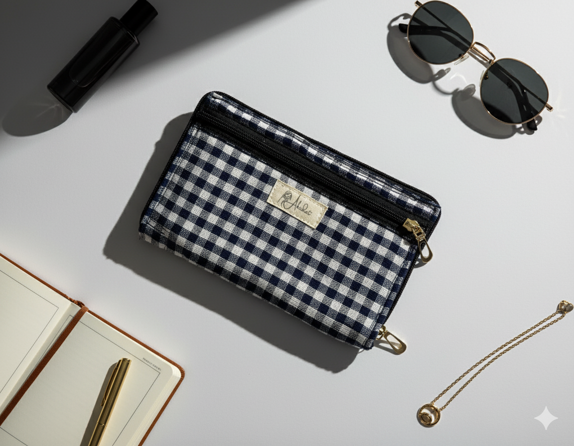 Dark blue and white checkered zippered clutch pouch with a brand label on a light surface with sunglasses and a notebook.