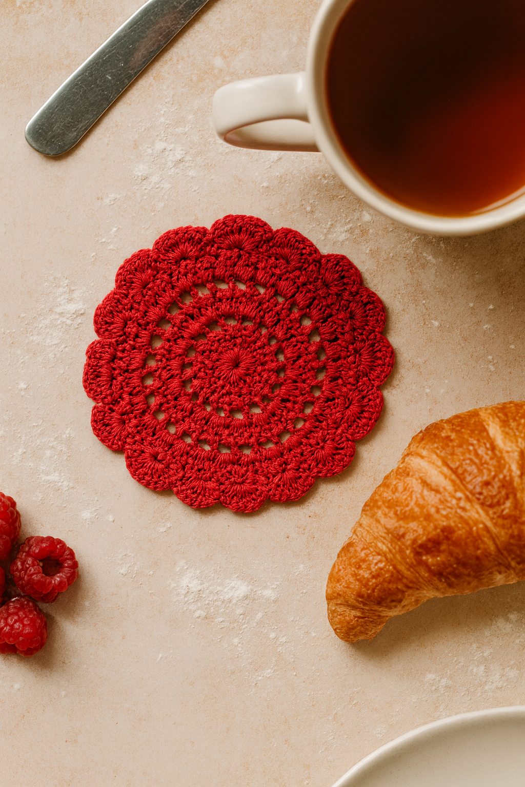 Red crocheted coaster on a beige surface with a cup of tea, croissant, and raspberries.