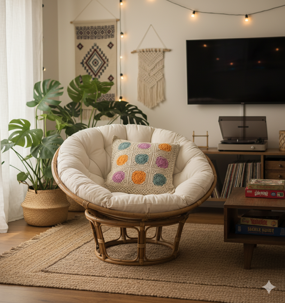 Cosy living room with a papasan chair with a crocheted cushion with square patterns, plants, and decorative wall art.