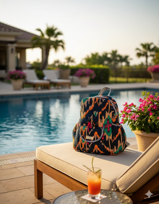Colorful ikat patterned quilted backpack on a lounge chair by a poolside with a drink and flowers.