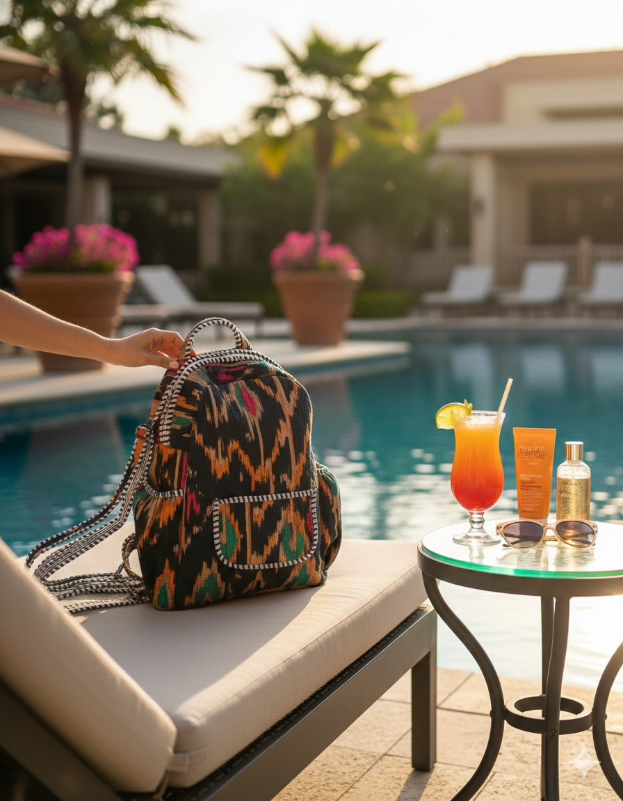 Ikat print backpack with a open flap pocket in the front held by a hand on a lounge chair by a poolside with a drink and sunscreen.