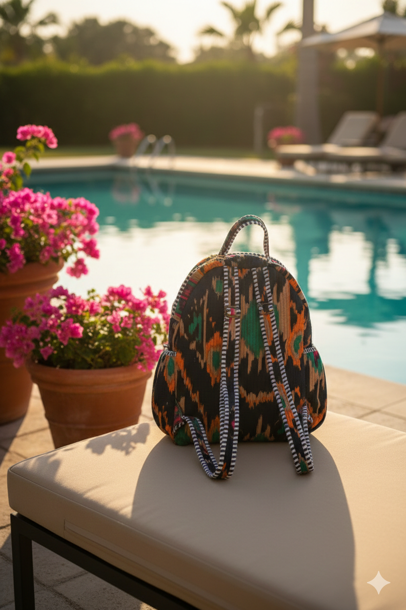 Colorful ikat print cotton quilted backpack with adjustable straps on a chair by a pool with flowers in the background