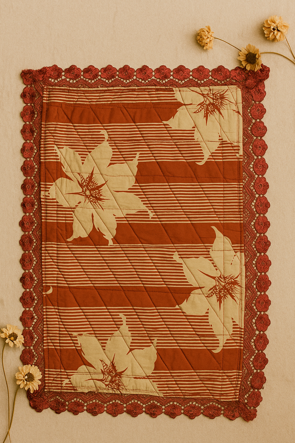 Decorative quilted placemat with floral pattern and lace on border on a beige background