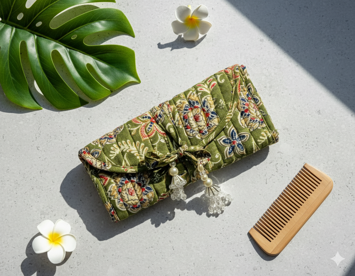 A green floral-patterned jewellery organiser roll-up with tassels, white flowers, and a wooden comb on a light surface.