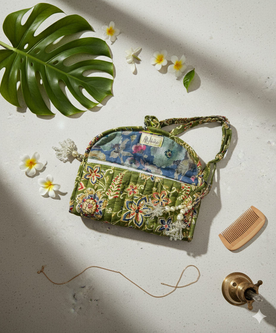 Floral foldable jewellery storage bag with tassels on a light surface with flowers and a comb