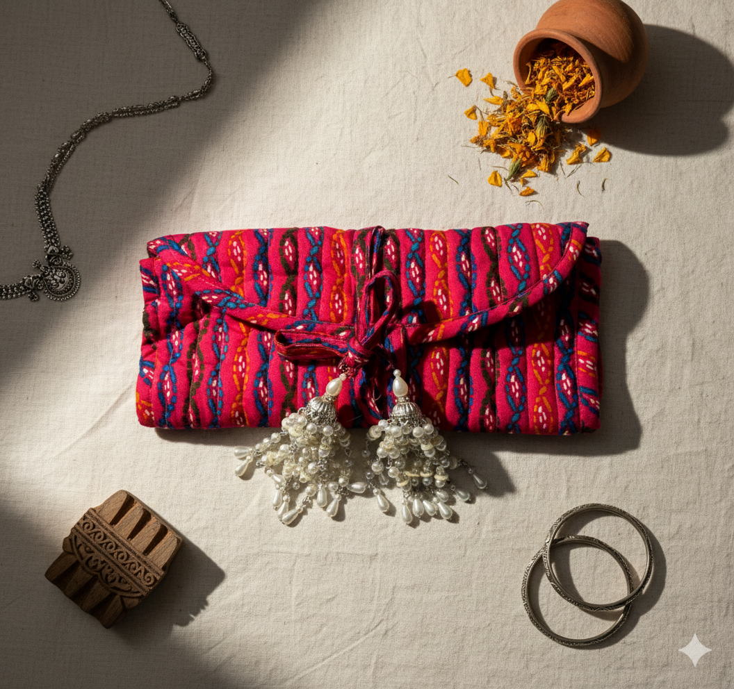 A colourful patterned foldable jewellery organiser bag with tassels on a textured surface with decorative items around it.