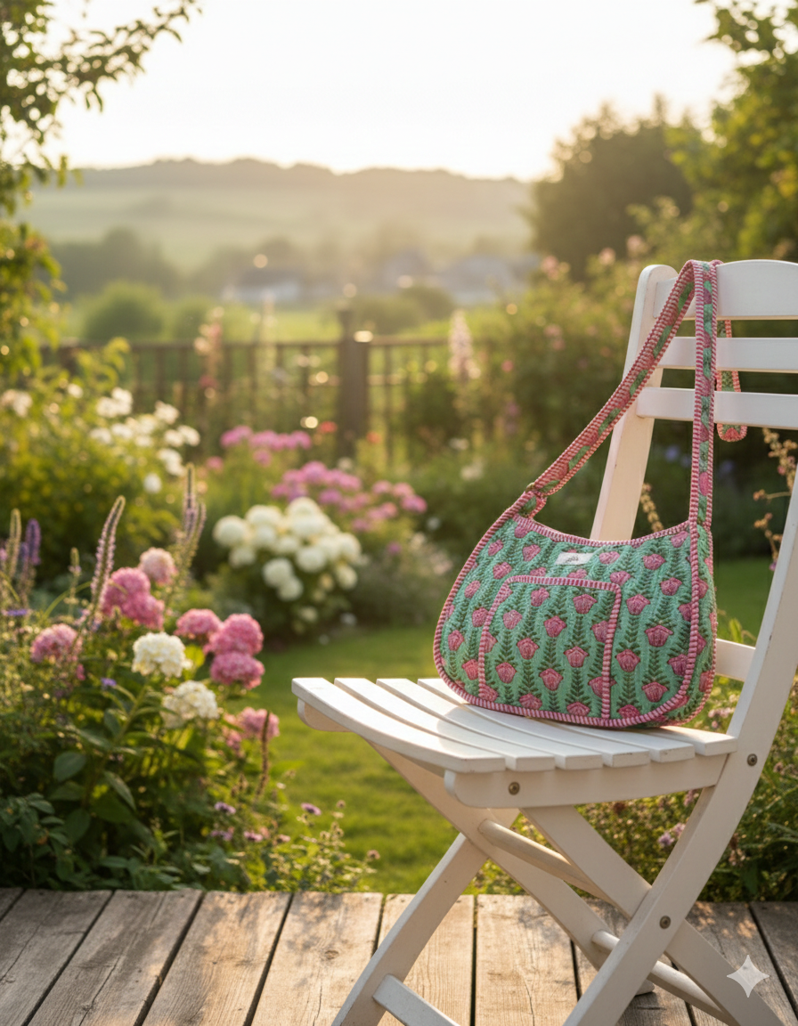 Green and pink floral quilted crossbody bag with adjustable straps and fornt pocket on a white chair in a garden setting