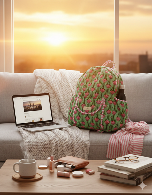 A quilted green floral backpack with a bittle in teh side pocket, kept on a white couch alongside a laptop and a coffee table with books and coffee on it