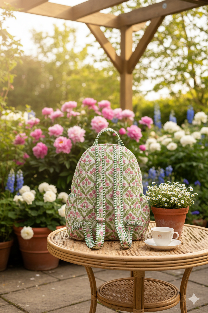 green and pink Floral quilted backpack on a table with flowers, cup and saucer and a pergola in the background
