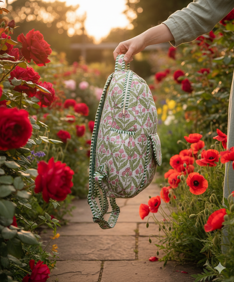 Person holding a quilted cotton backpack with adjustable straps in a garden with red tulip flowers