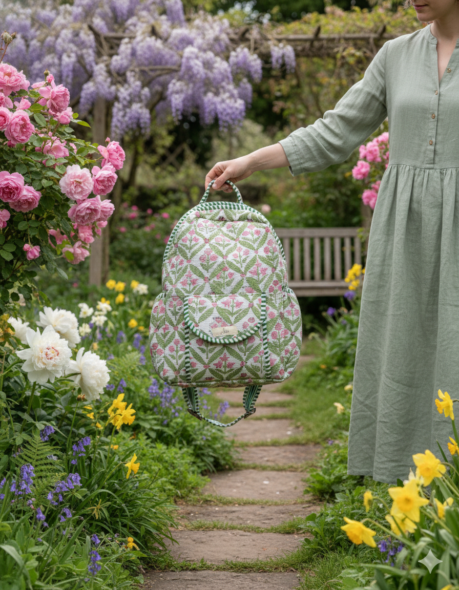 women holding a floral patterned quilted backpack in a garden with flowers and a wooden bench.
