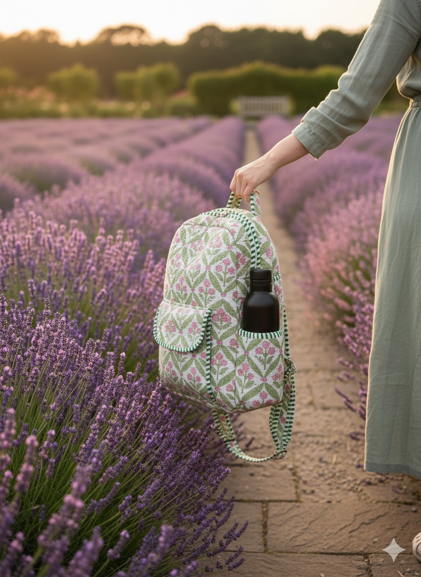 women holding a quilted green backpack with a bottle in the side pocket in a lavender field