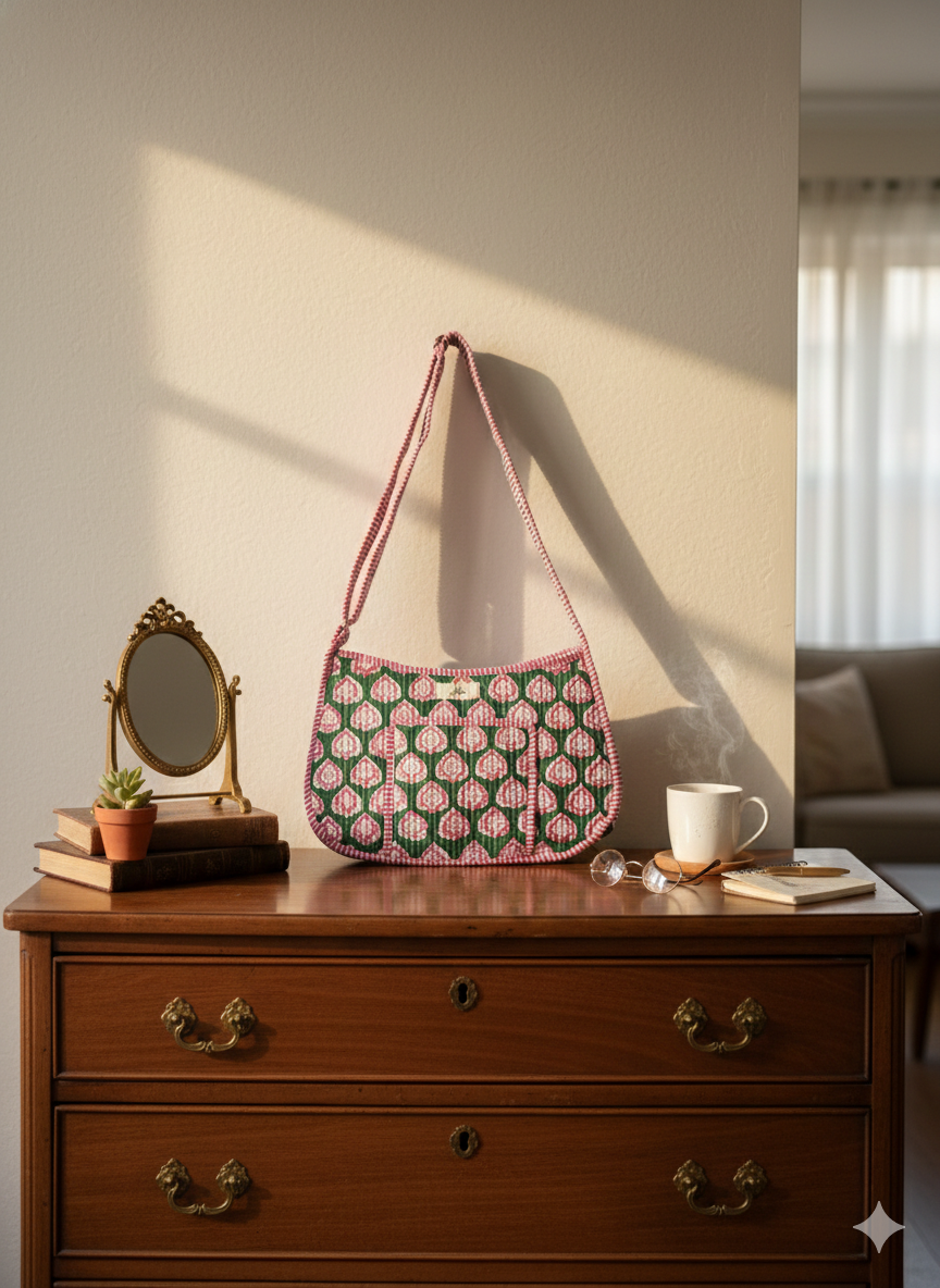 Green and pink quilted crossbody bag with adjustable straps and front pocket on a wooden dresser with a mirror and cup in a room setting