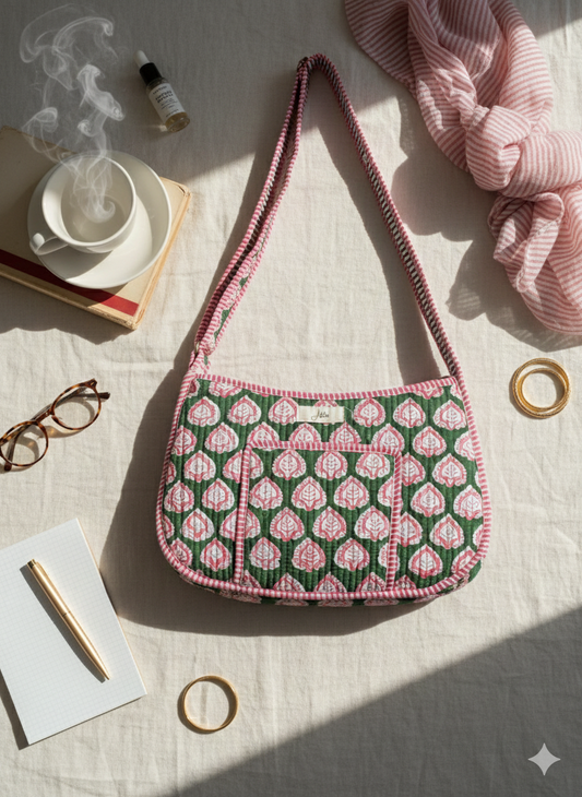Patterned green and pink crossbody quilted bag with adhustable strap and front pocket on a light surface with books, a cup, and yarn.