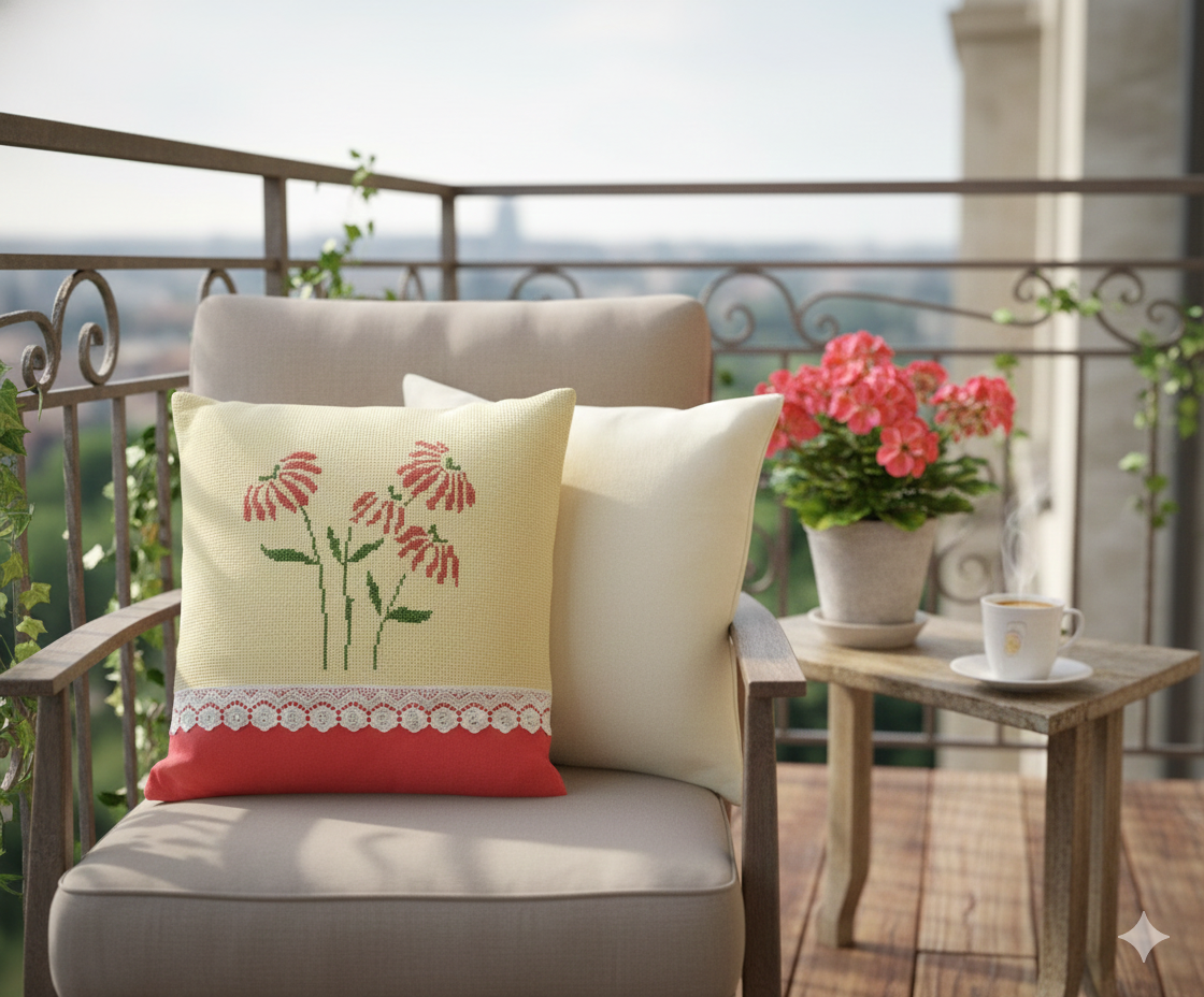 Cross Stitch Cottage Blossoms Handmade Cushion Cover