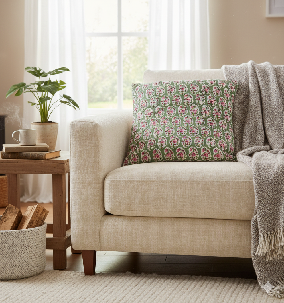 Bagh Floral Hand Block Print Cushion Cover