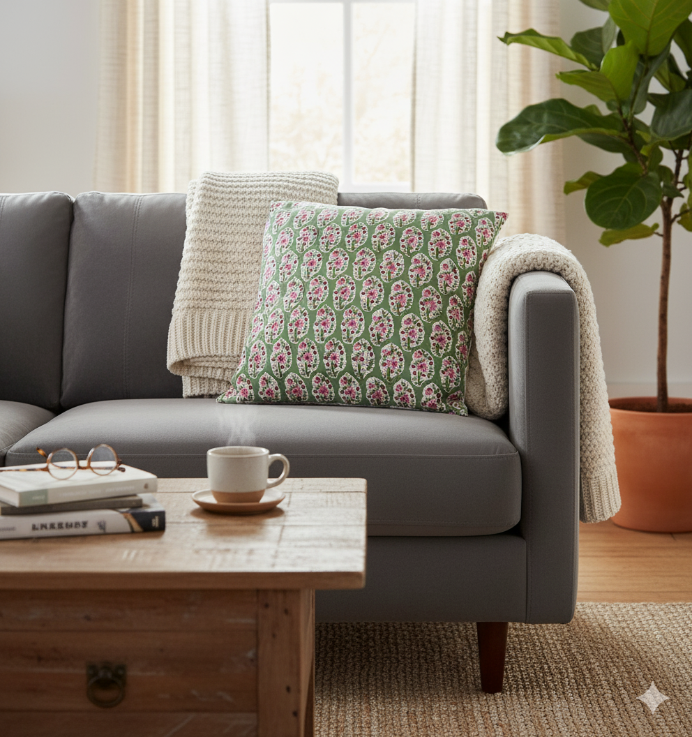 Bagh Floral Hand Block Print Cushion Cover