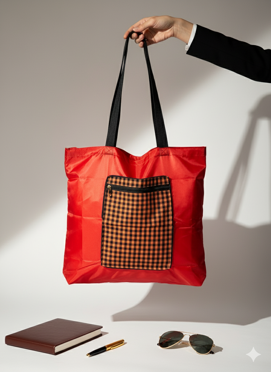 Orange & Black Checks Zip Flip 2-in-1 Convertible Shopper Bag