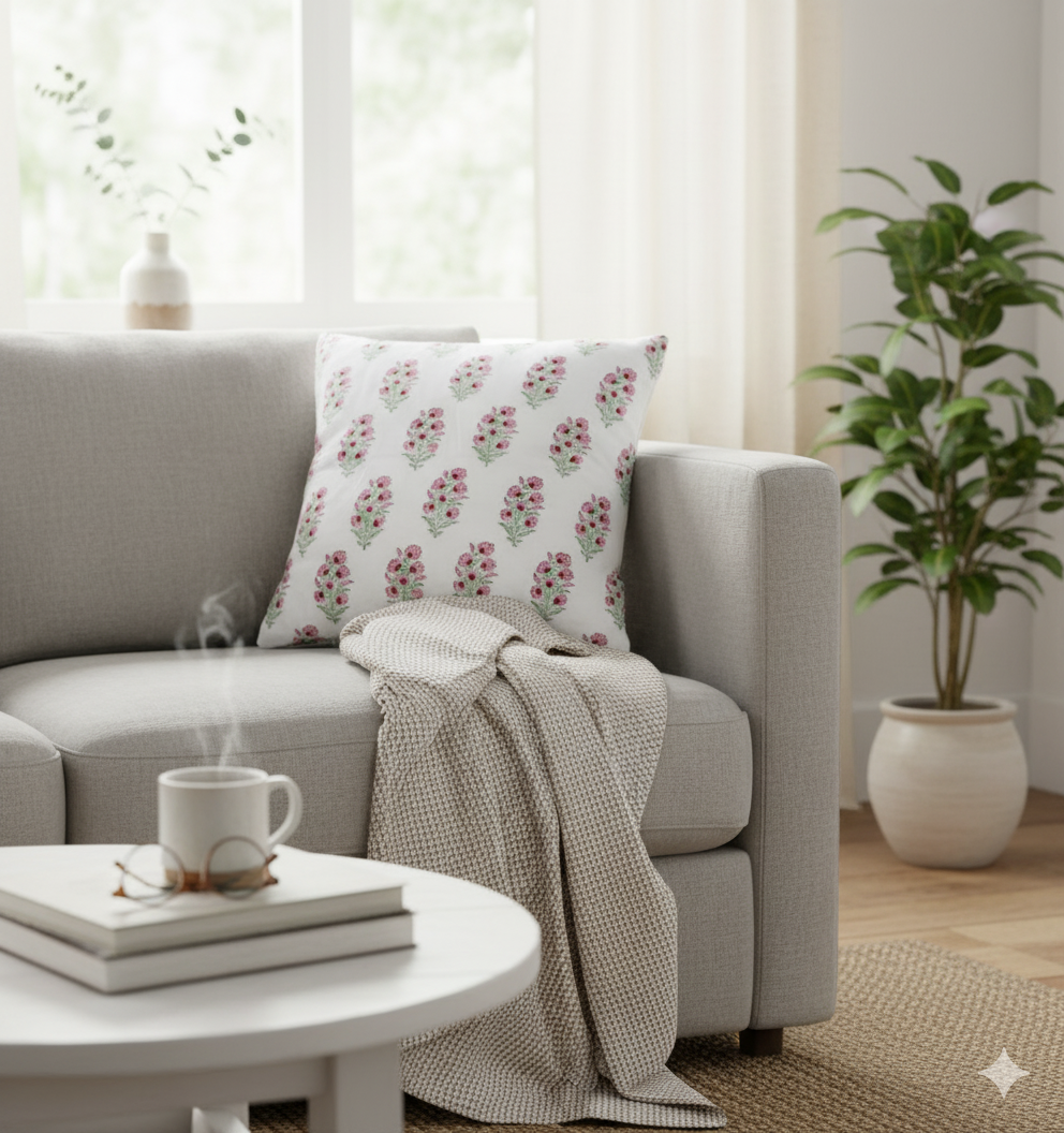 Bagh Floral Hand Block Print Cushion Cover