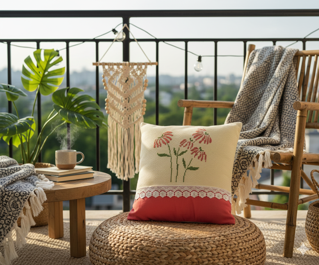 Cross Stitch Cottage Blossoms Handmade Cushion Cover