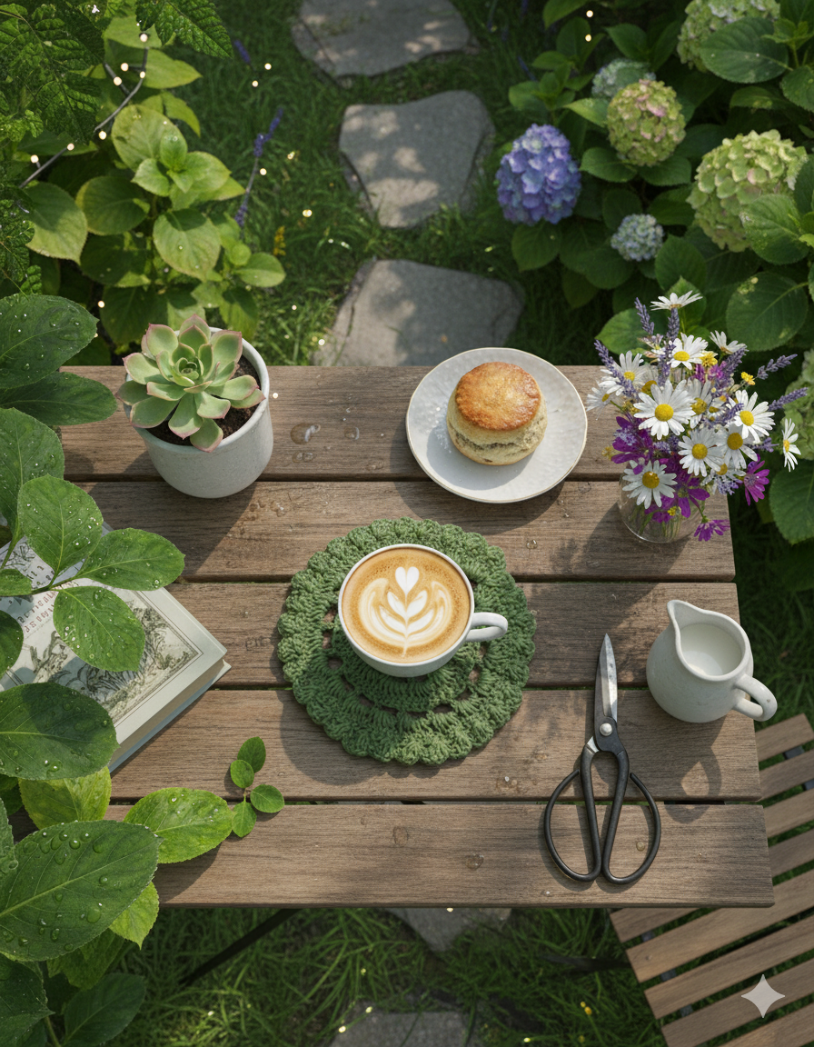 Outdoor setting with a wooden table featuring a cup of coffee on a green crochet coaster, a plate with a biscuit, and a small bouquet of flowers.