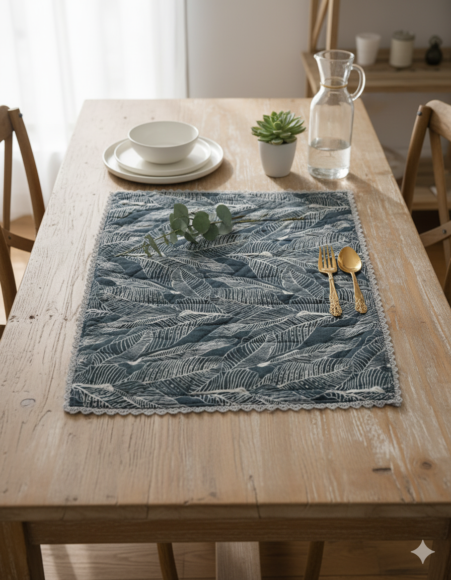 Blue/grey leaf patterned placemat on a wooden table with cutlery and a plant.