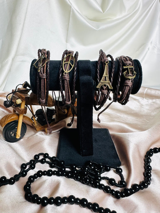 Eiffel Tower Dark Brown Leather Rope Cord Bracelet