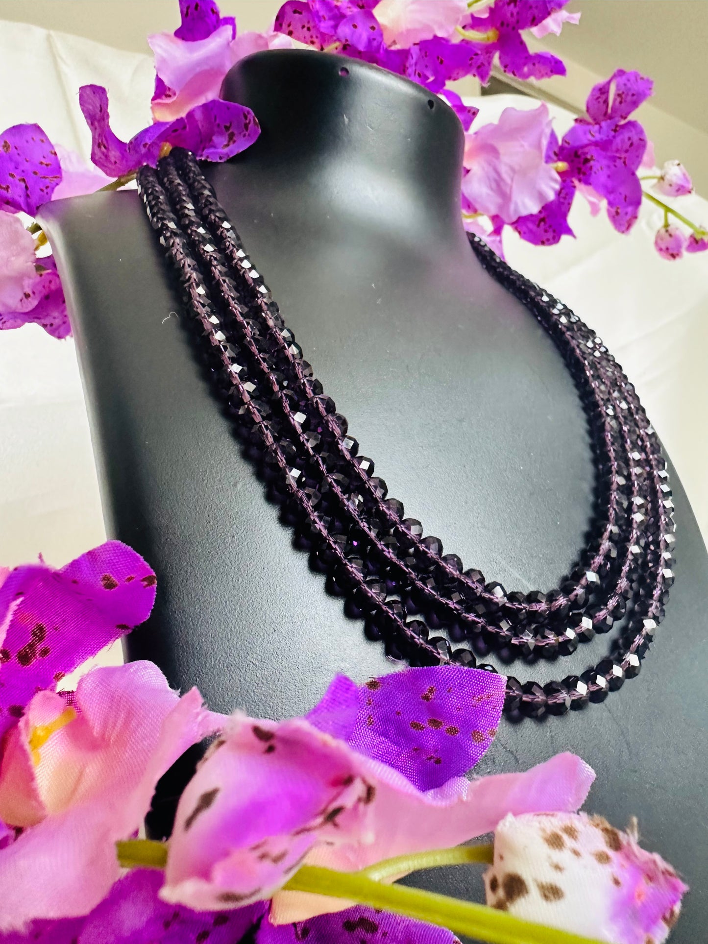 Aubergine coloured 3 Layered Crystal Beaded handmade Necklace