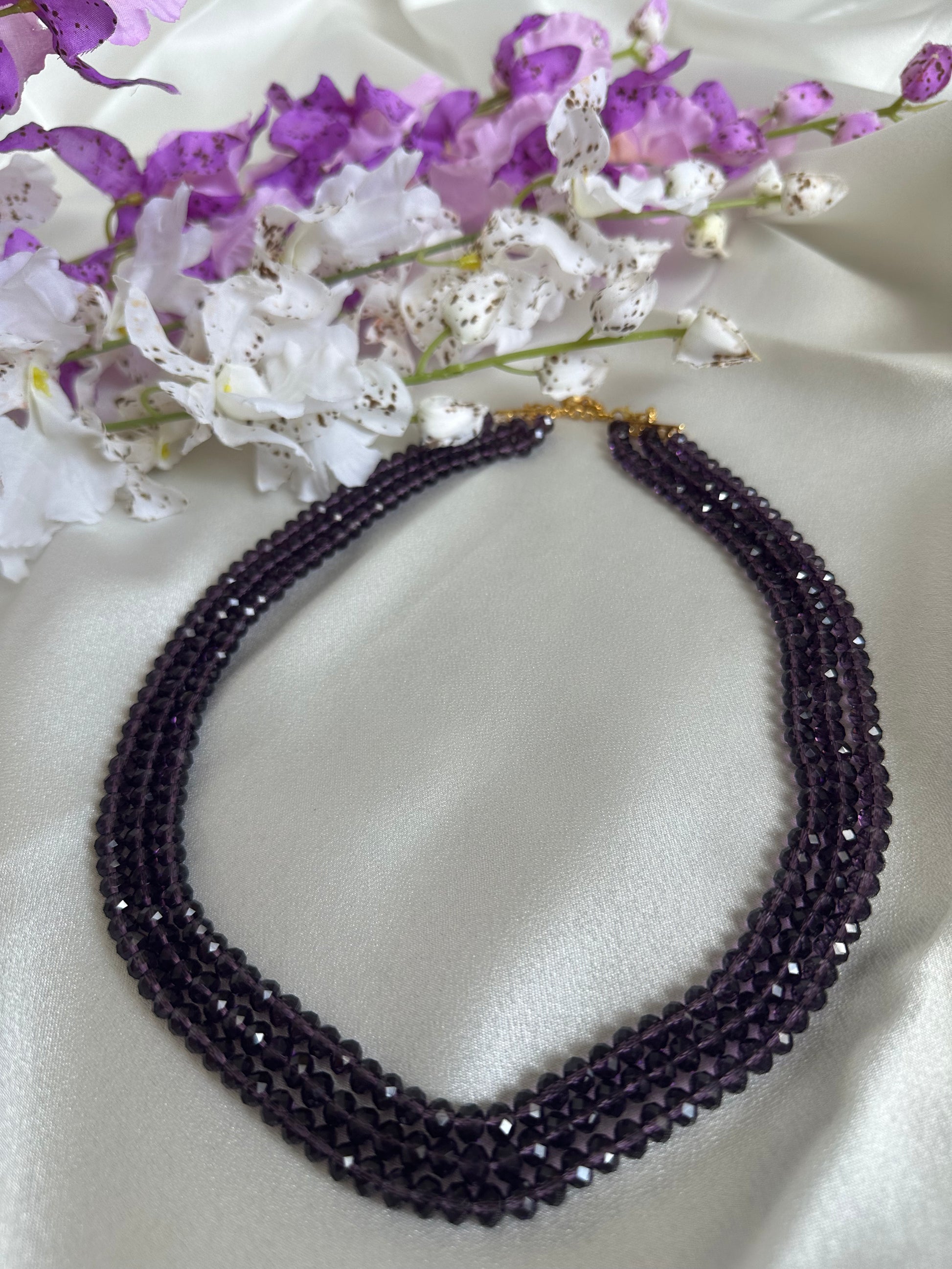 Aubergine coloured 3 Layered Crystal Beaded handmade Necklace