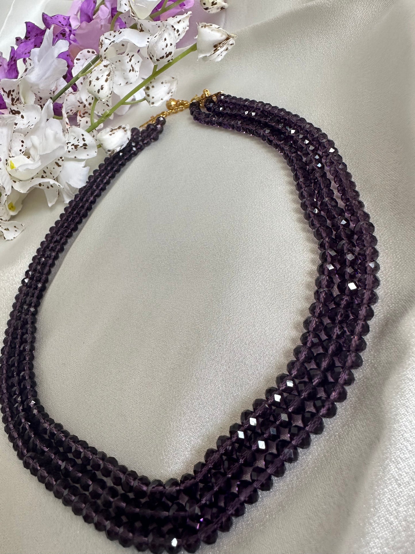 Aubergine coloured 3 Layered Crystal Beaded handmade Necklace