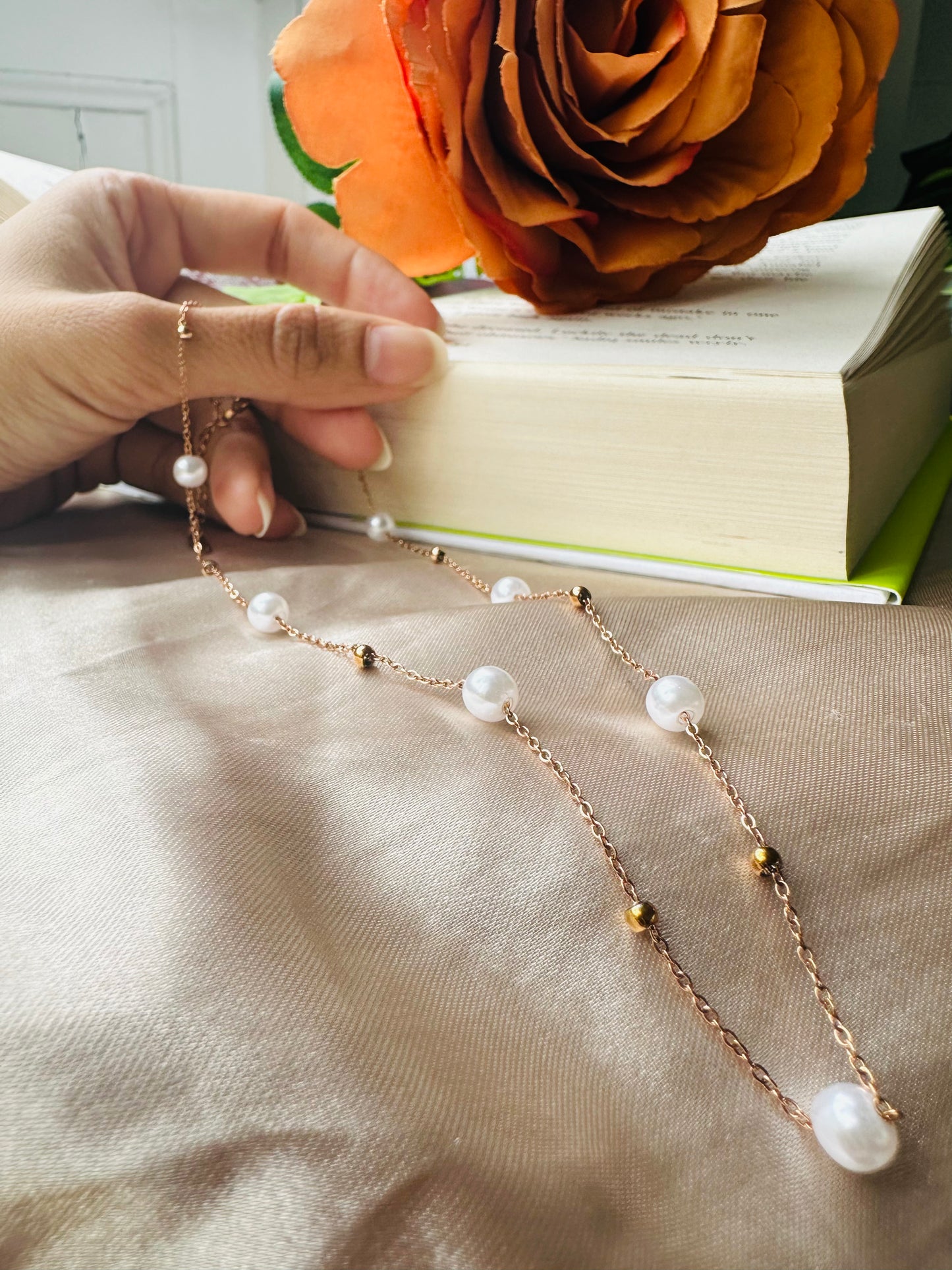 Raindrop Beaded Pearl Rose Gold Chain Necklace