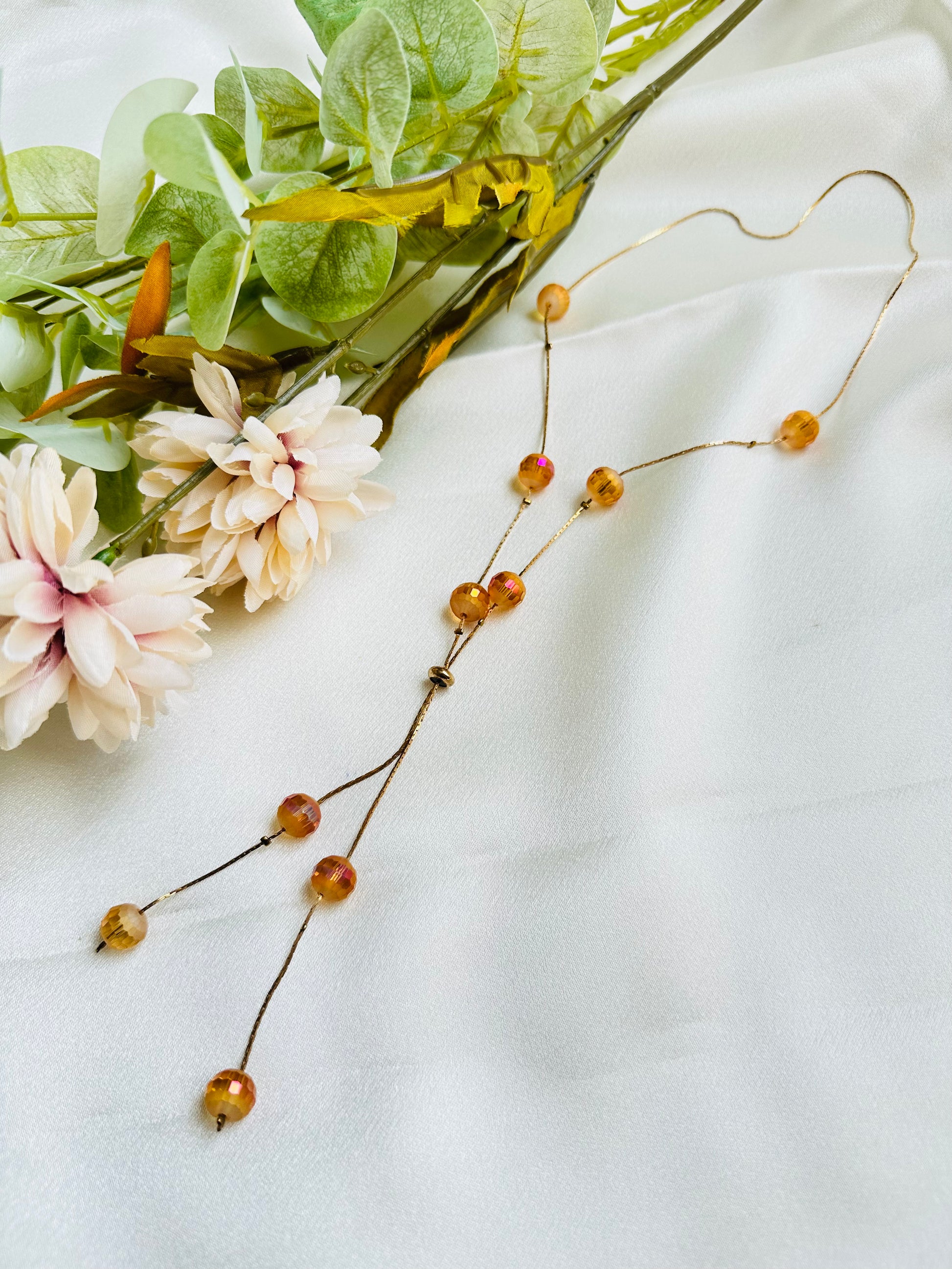 Beads on Chain adjustable unique  fashion necklace with amber coloured crystal beads