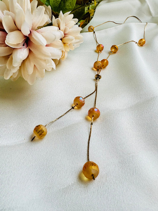 Beads on Chain adjustable unique  fashion necklace with amber coloured crystal beads