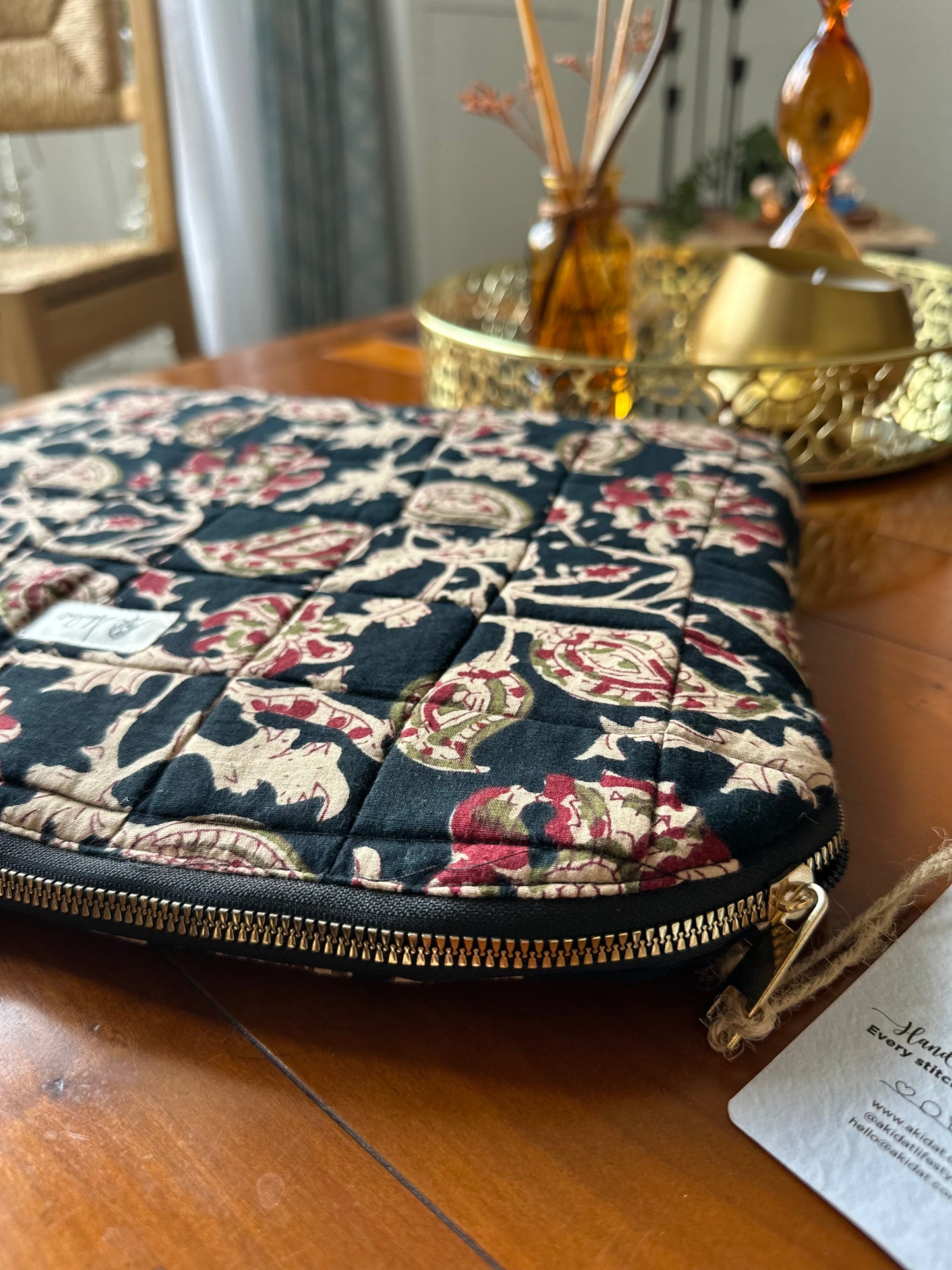 Ebony Kalamkari Printed Handmade Zipper Laptop Sleeve