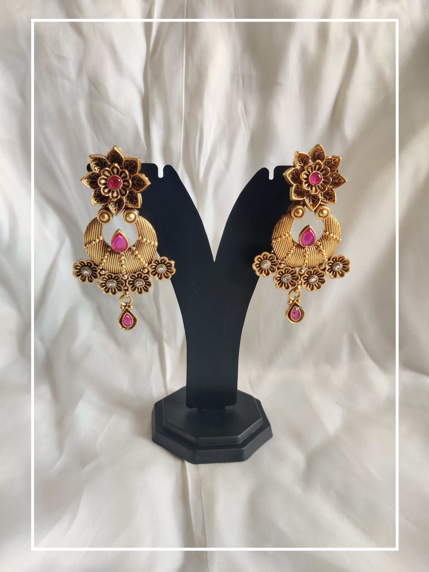 Golden Lotus Chandbali Jadtar Earrings with Pink and White Stones