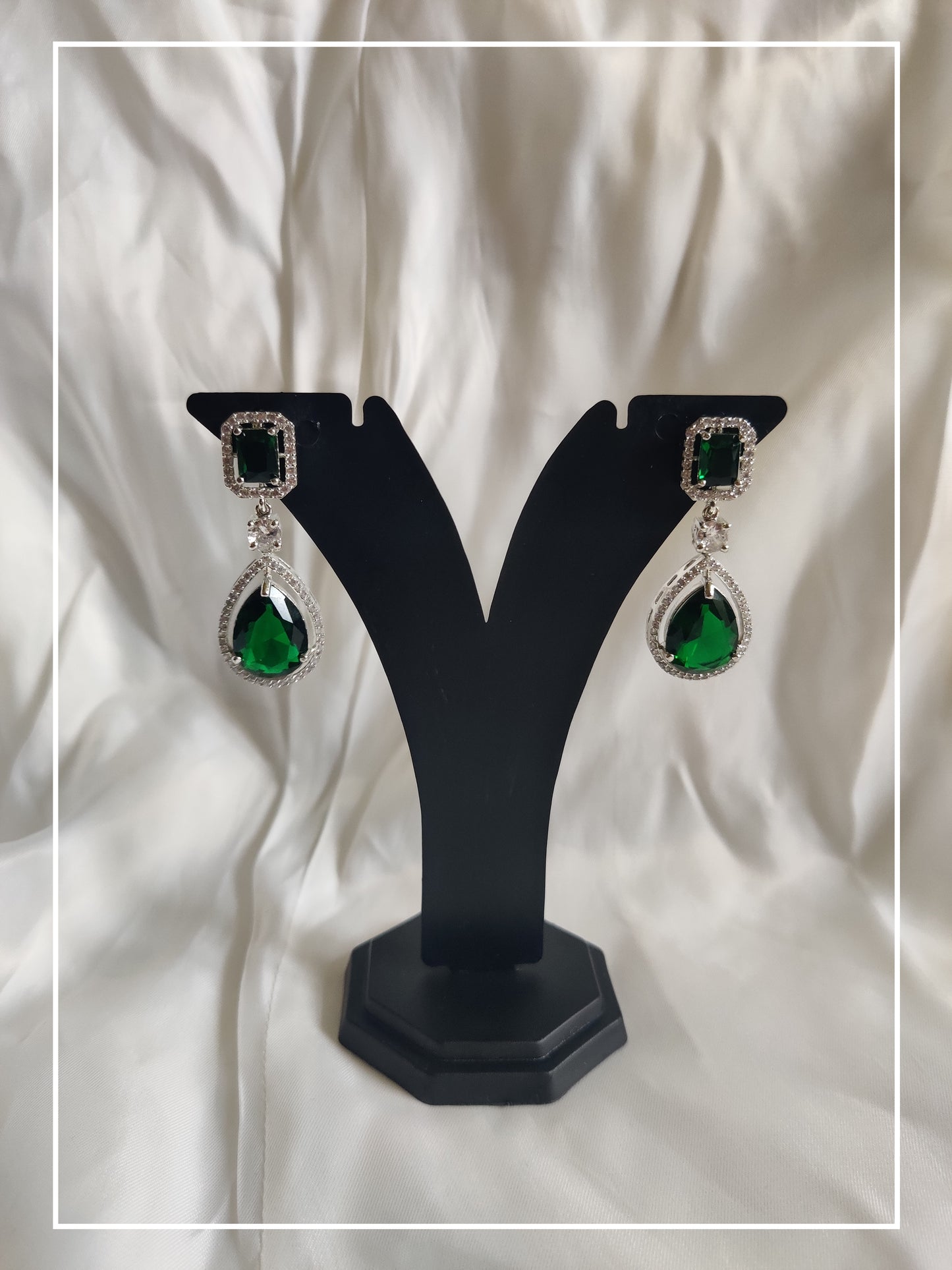 Emerald Green Tear Drop Silver Coloured Earrings