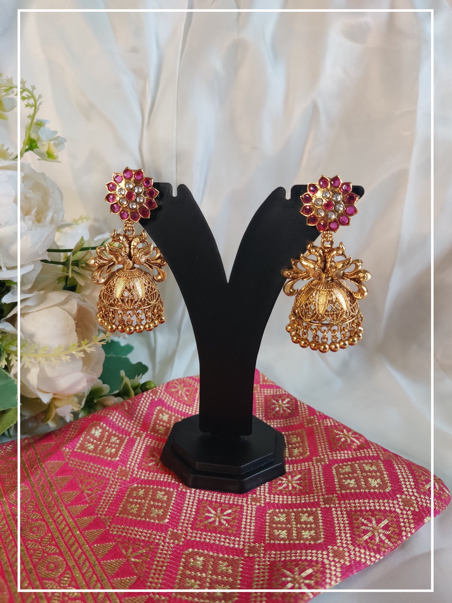 Large Temple Peacock Golden Jhumka with Pink Stone
