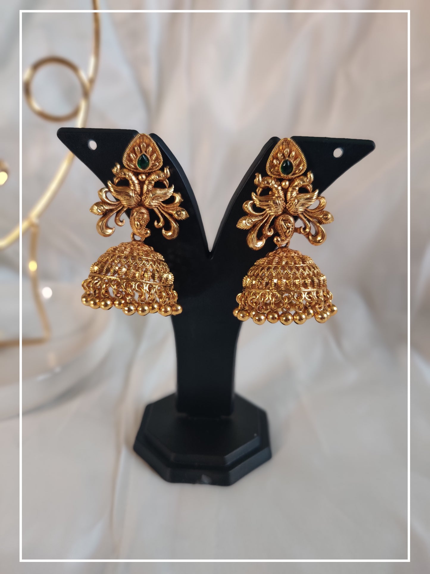 Large Temple Jewellery Peacock Golden Jhumka with Green  Stone