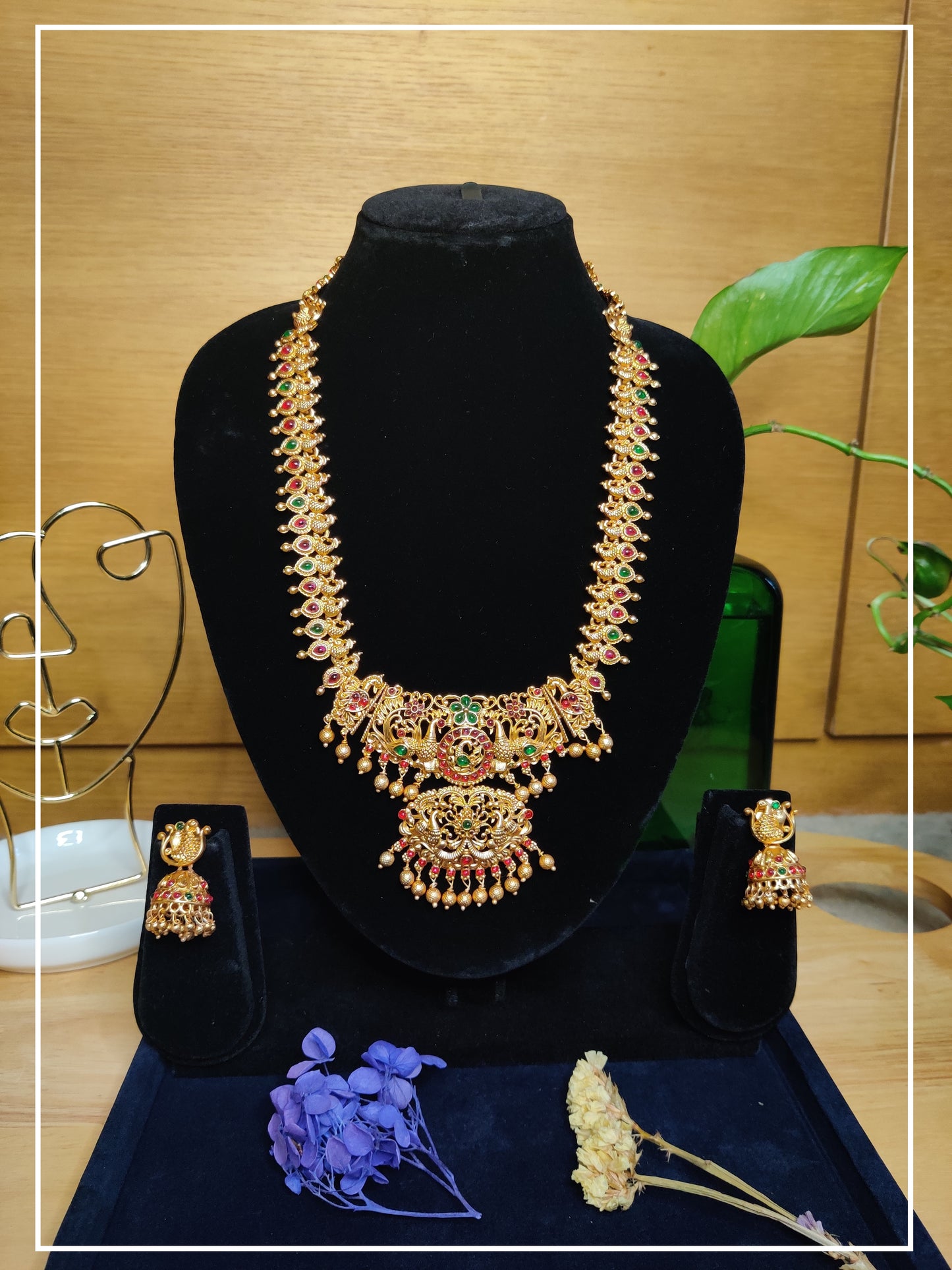 Peacock Alloy Gold Red and Green Stone Temple Bridal Jewellery Set with Jhumkas and 2 necklace