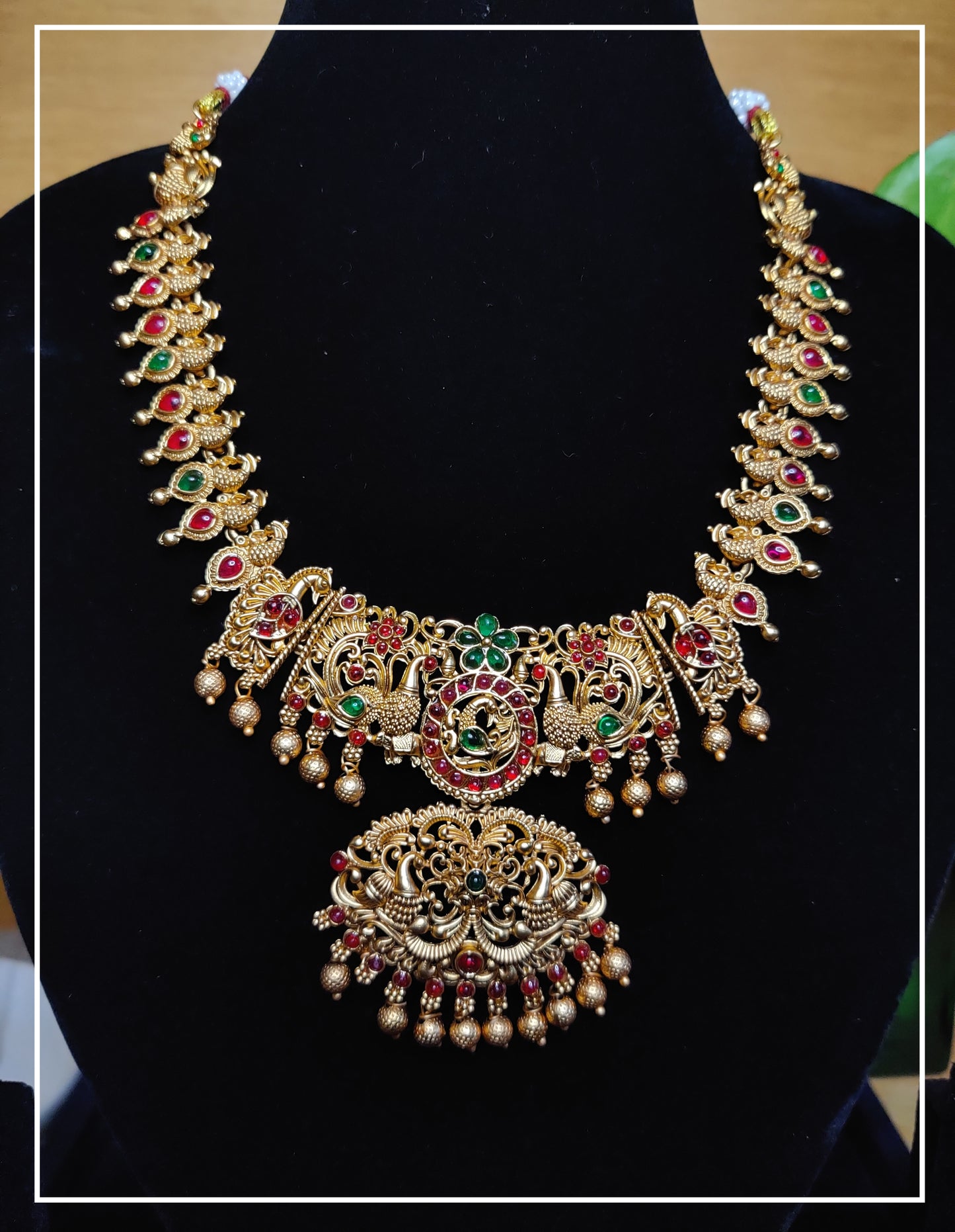 Peacock Alloy Gold Red and Green Stone Temple Bridal Jewellery Set with Jhumkas and 2 necklace