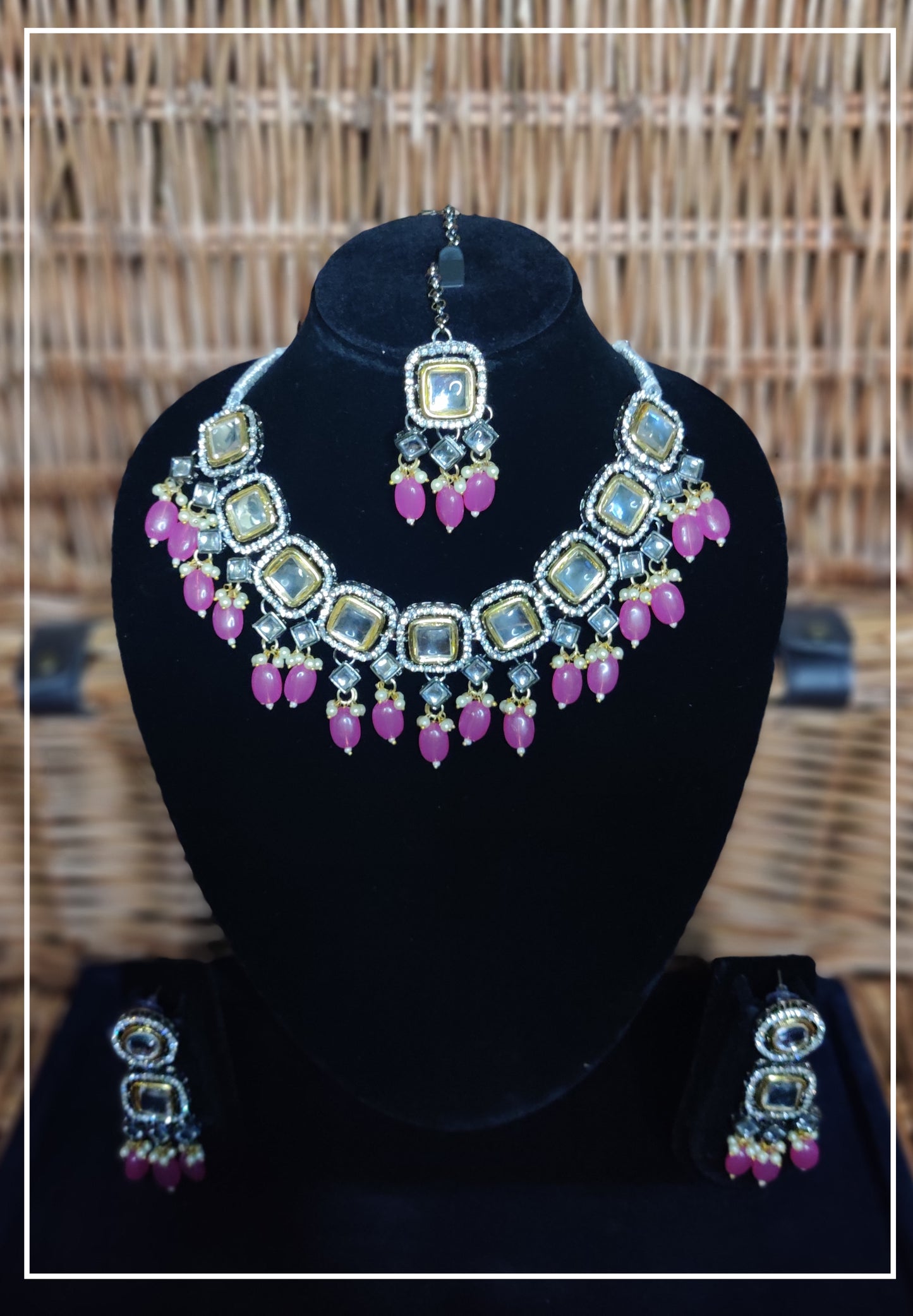 Victorian style Necklace with Pink Beads with Earrings and Maang Teeka