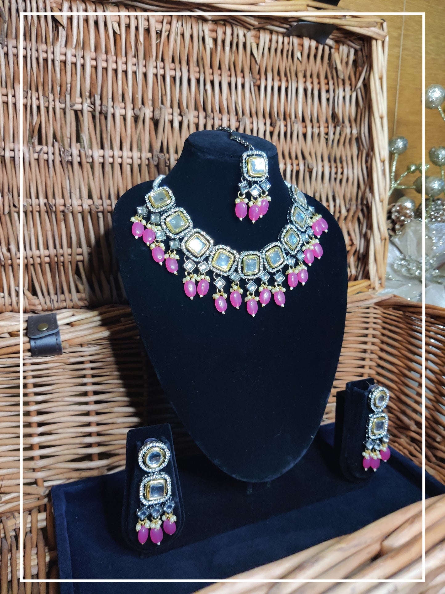 Victorian style Necklace with Pink Beads with Earrings and Maang Teeka