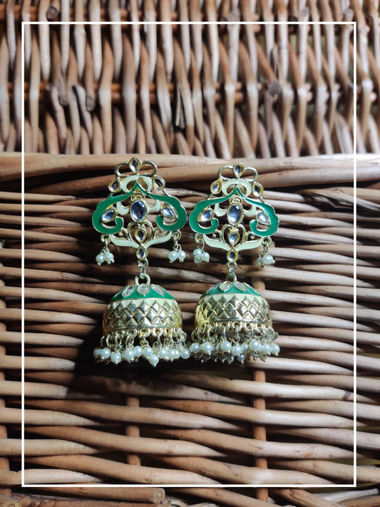 Green and Beige Golden Jhumka with Pearls