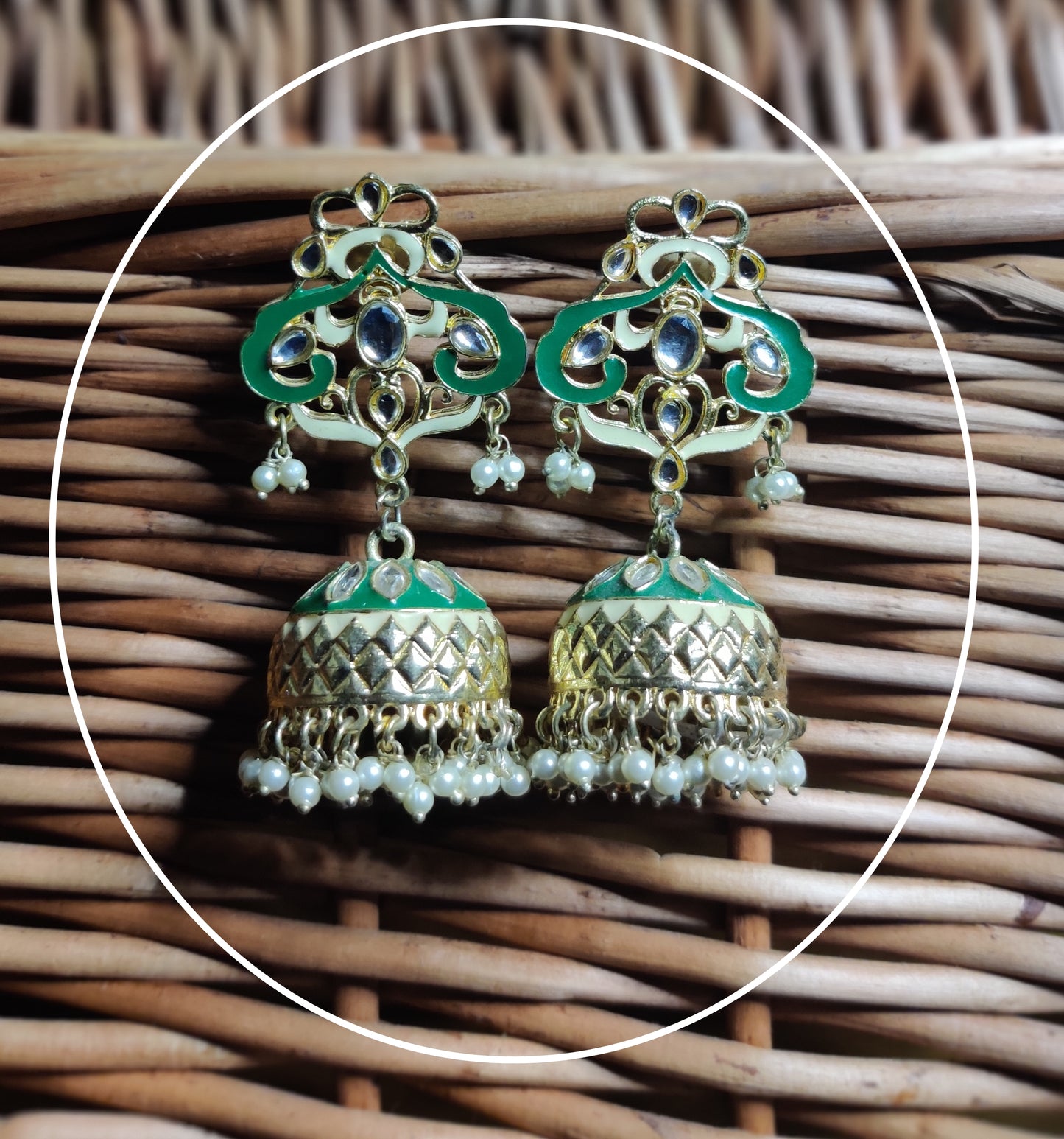 Green and Beige Golden Jhumka with Pearls