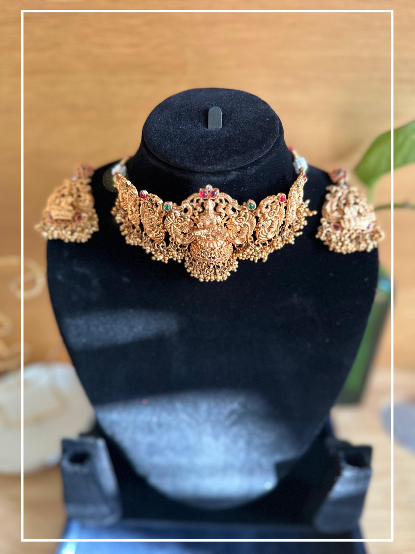 Goddess Lakshmi Red and Green Stone Choker With Large Earrings alloy Gold