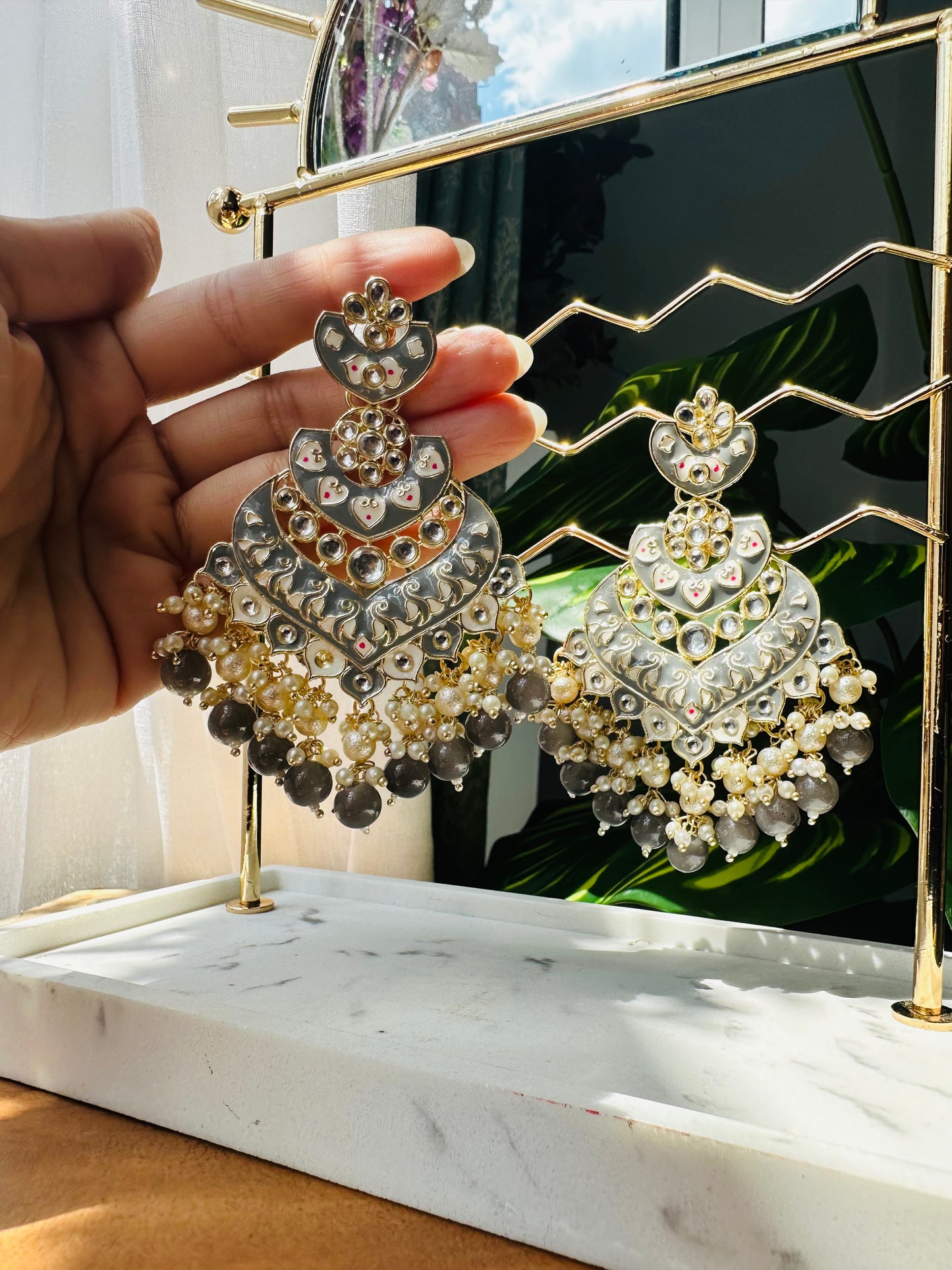 Grey and white Enamel Faux Kundan Dangle Earrings